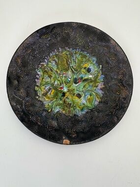 Vintage Abstract Swirling Green and Black Enamel on Copper Plate